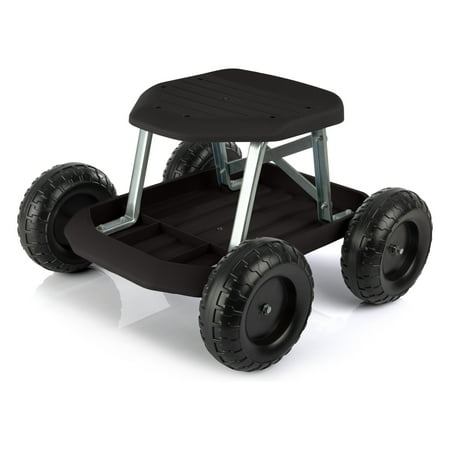 Pure Garden Gardening Stool - Rolling Garden Seat with Tray (Black)