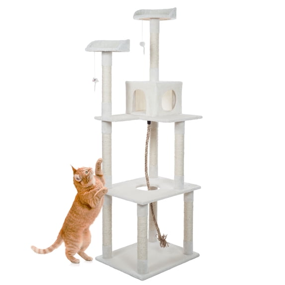 PETMAKER Cat Tree with Perches, Condo, Scratching Posts, and Toys (Ivory)