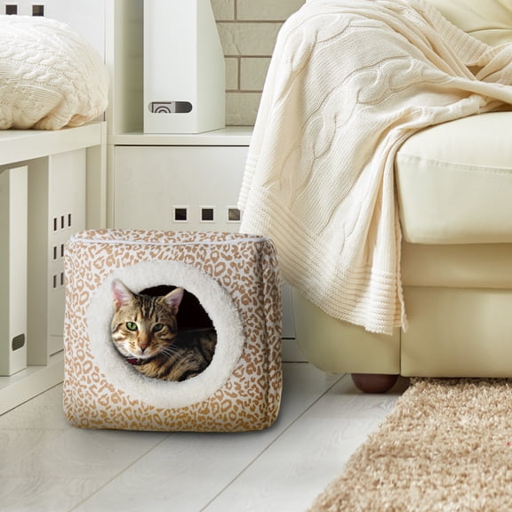 Cat Pet Bed Cave- Indoor Enclosed Covered Cavern/House for Cats Kittens and Small Pets with Removable Cushion Pad by PETMAKER, Tan/White Animal Print