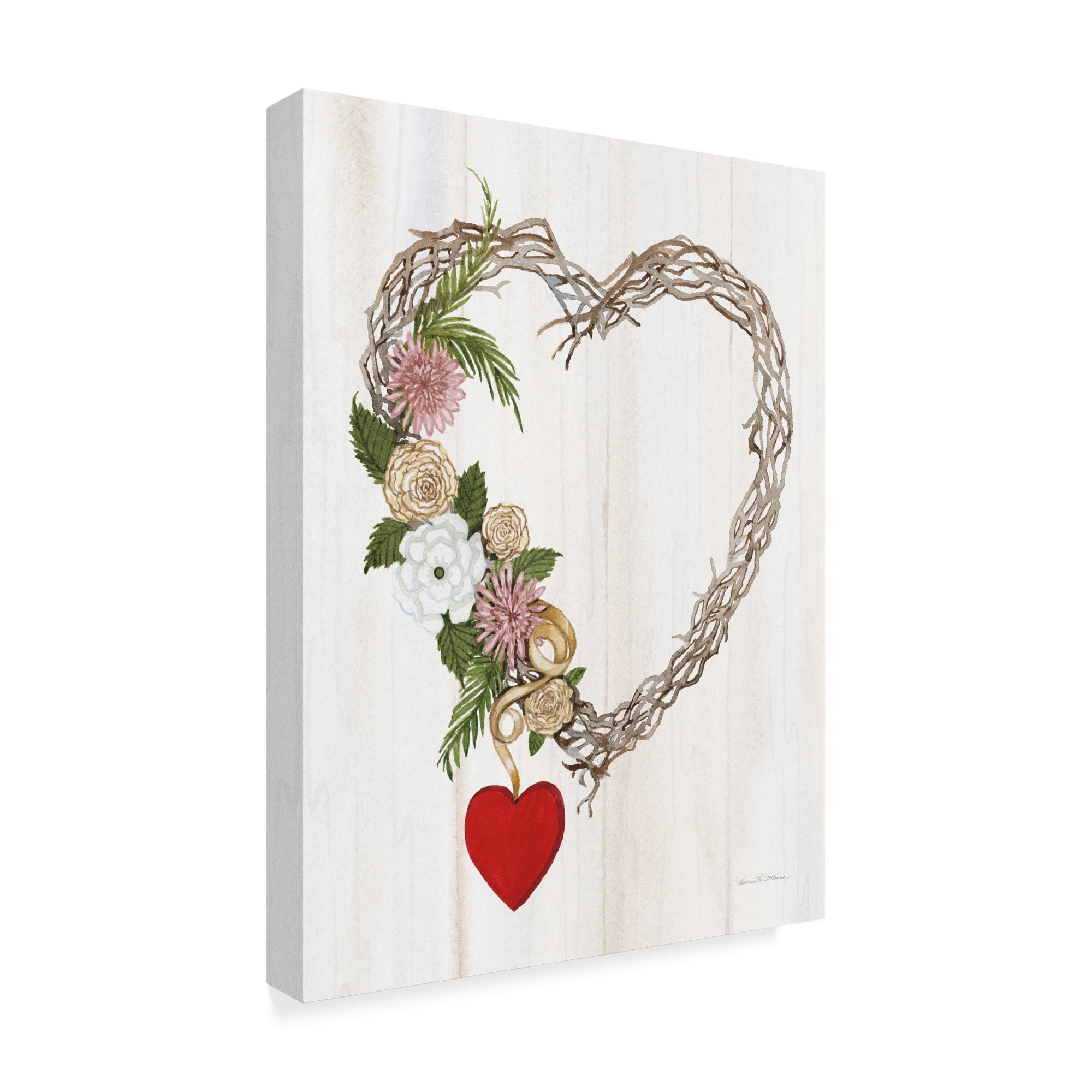 Rustic Valentine Heart Wreath Canvas Print in White Frame