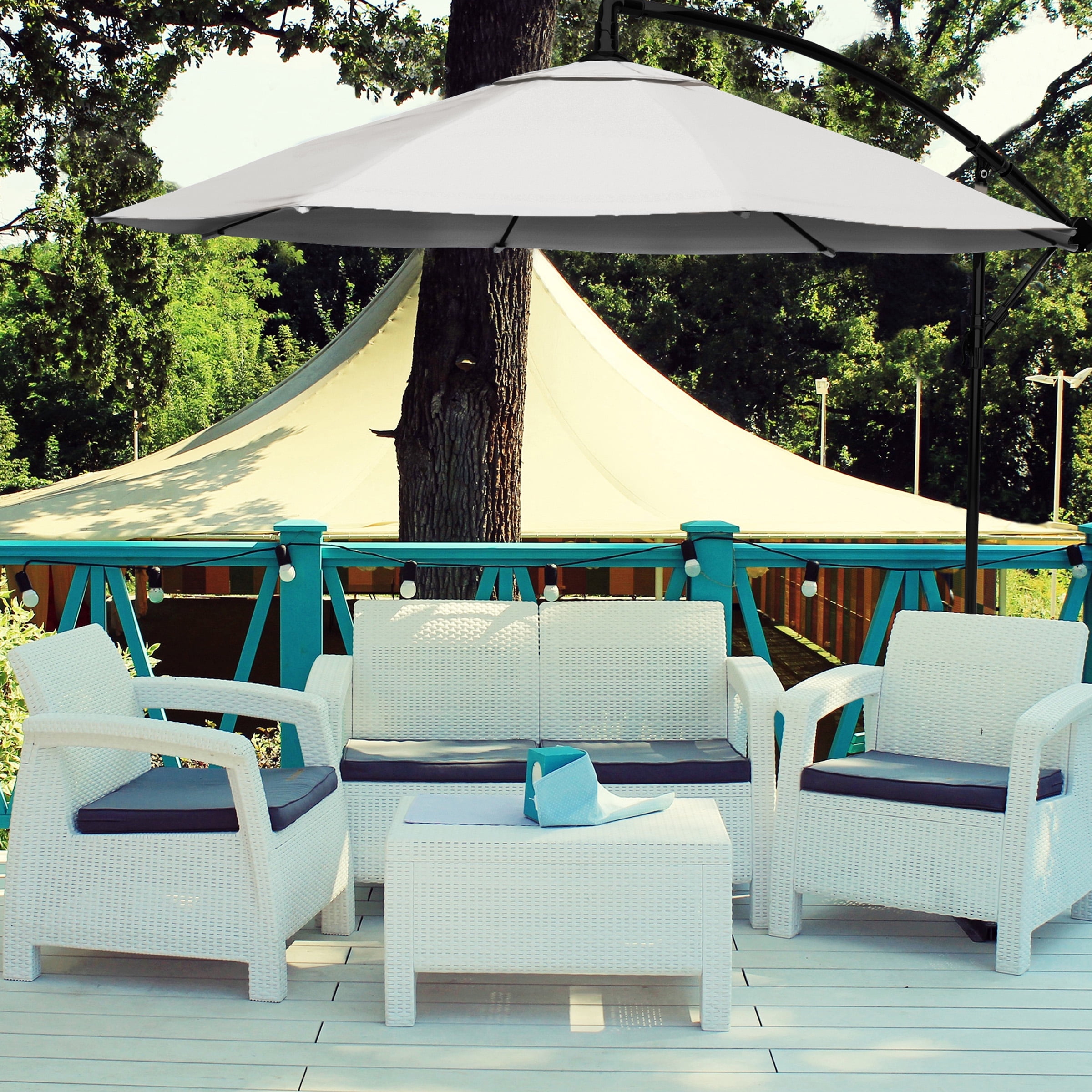 Pure Garden 10-Foot Offset Patio Umbrella with Crank and Base (Cream)