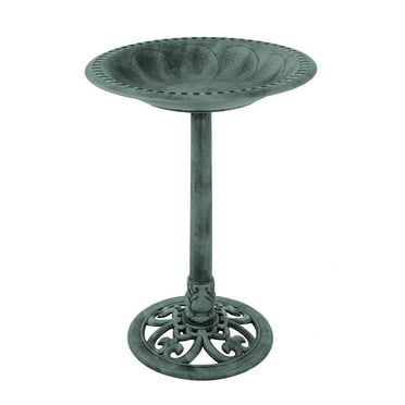 Pure Garden Antique Bird Bath – 28.75” Weather-Resistant Pedestal Bowl with Stakes, Patina Green