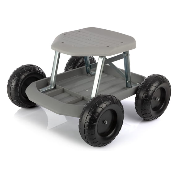 Pure Garden Gardening Stool - Rolling Garden Seat with Tray (Gray)