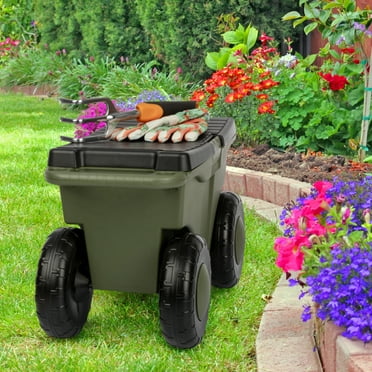 Pure Garden Rolling Garden Stool – Durable Storage Scooter with Seat, Tool Tray & Wheels, Olive Green