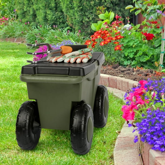 Pure Garden Rolling Garden Stool – Durable Storage Scooter with Seat, Tool Tray & Wheels, Olive Green