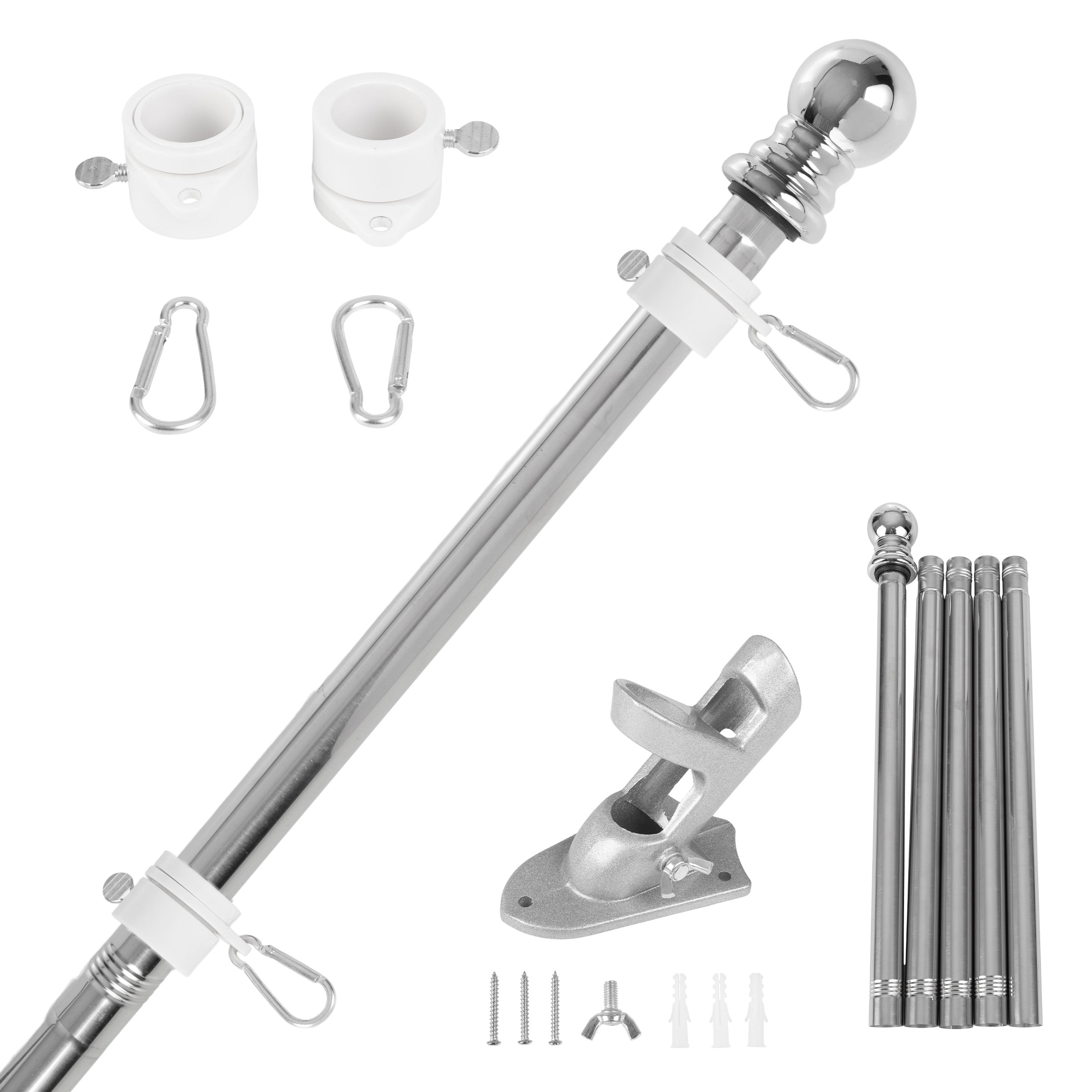 Pure Garden 6ft Stainless-Steel Flag Pole Kit with Rotating Rings, Silver