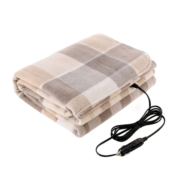Stalwart 12V Electric Heated Blanket for Car, Truck, or RV (Tan Plaid)