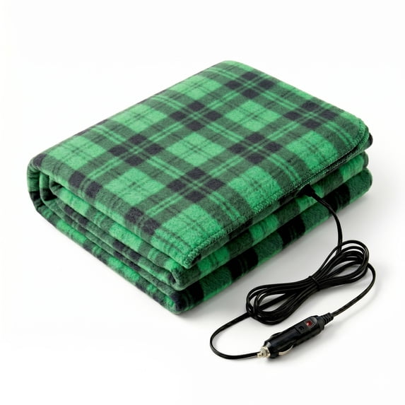 Stalwart 12V Electric Heated Blanket for Car, Truck, or RV (Green Plaid)