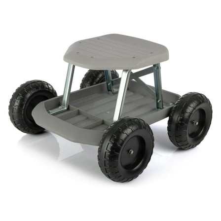 Pure Garden Gardening Stool - Rolling Garden Seat with Tray (Gray)
