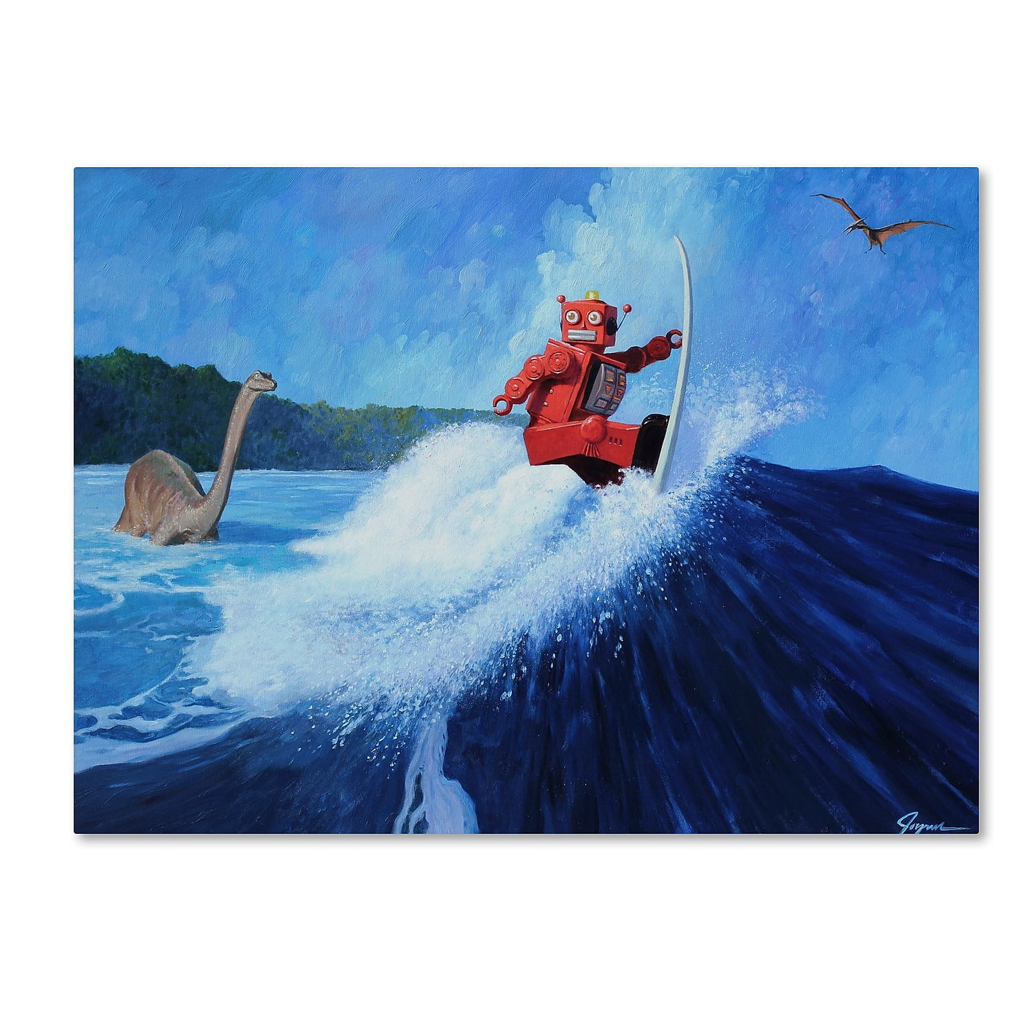 Large Blue and Red Acrylic Dinosaur Surfing Painting