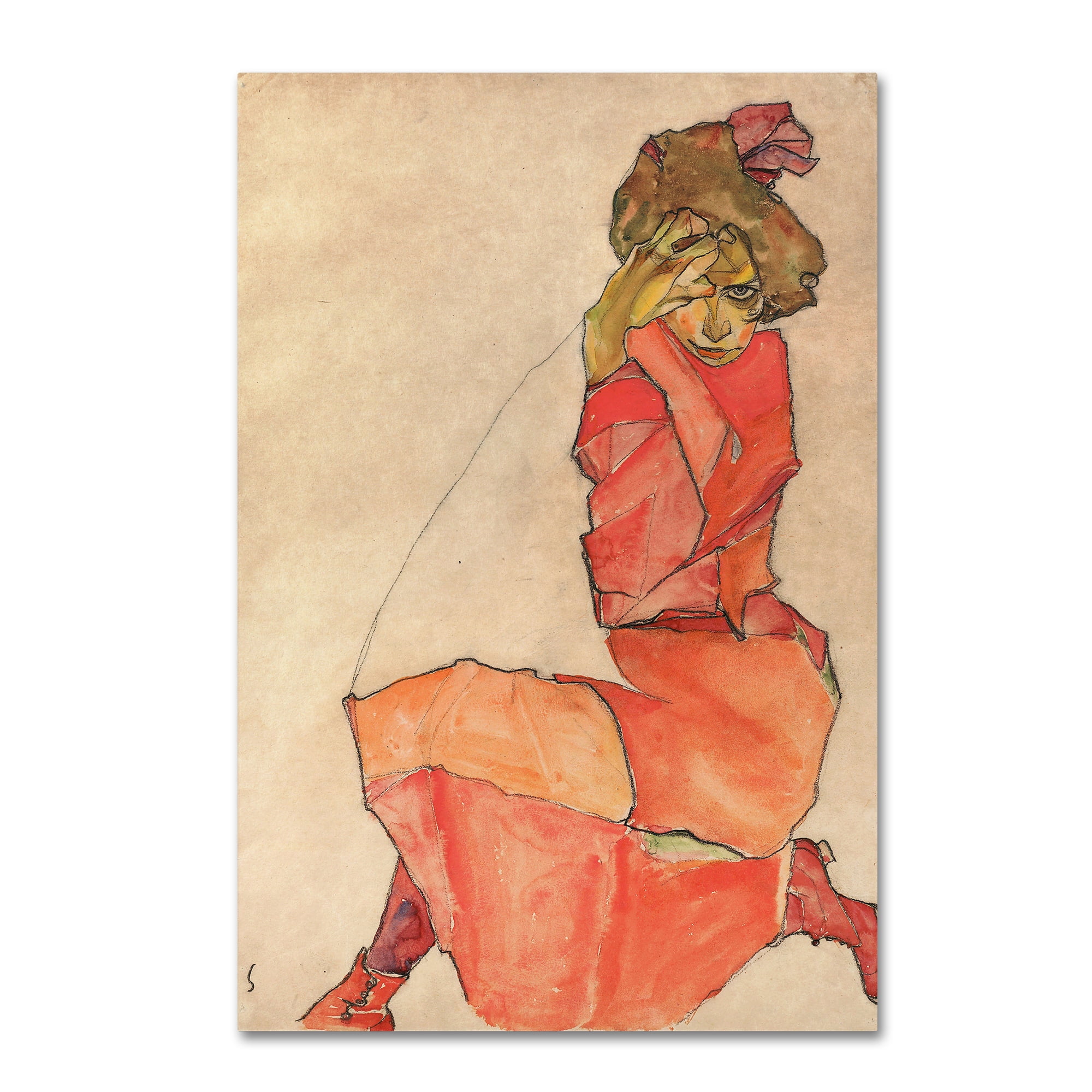 Egon Schiele Kneeling Woman in OrangeRed Dress Canvas Art 15x20