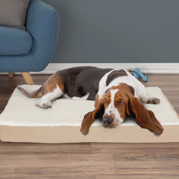 Dog Bed Orthopedic Sherpa Top Pet Bed with Memory Foam and Removable Cover 36x27x4 Tan