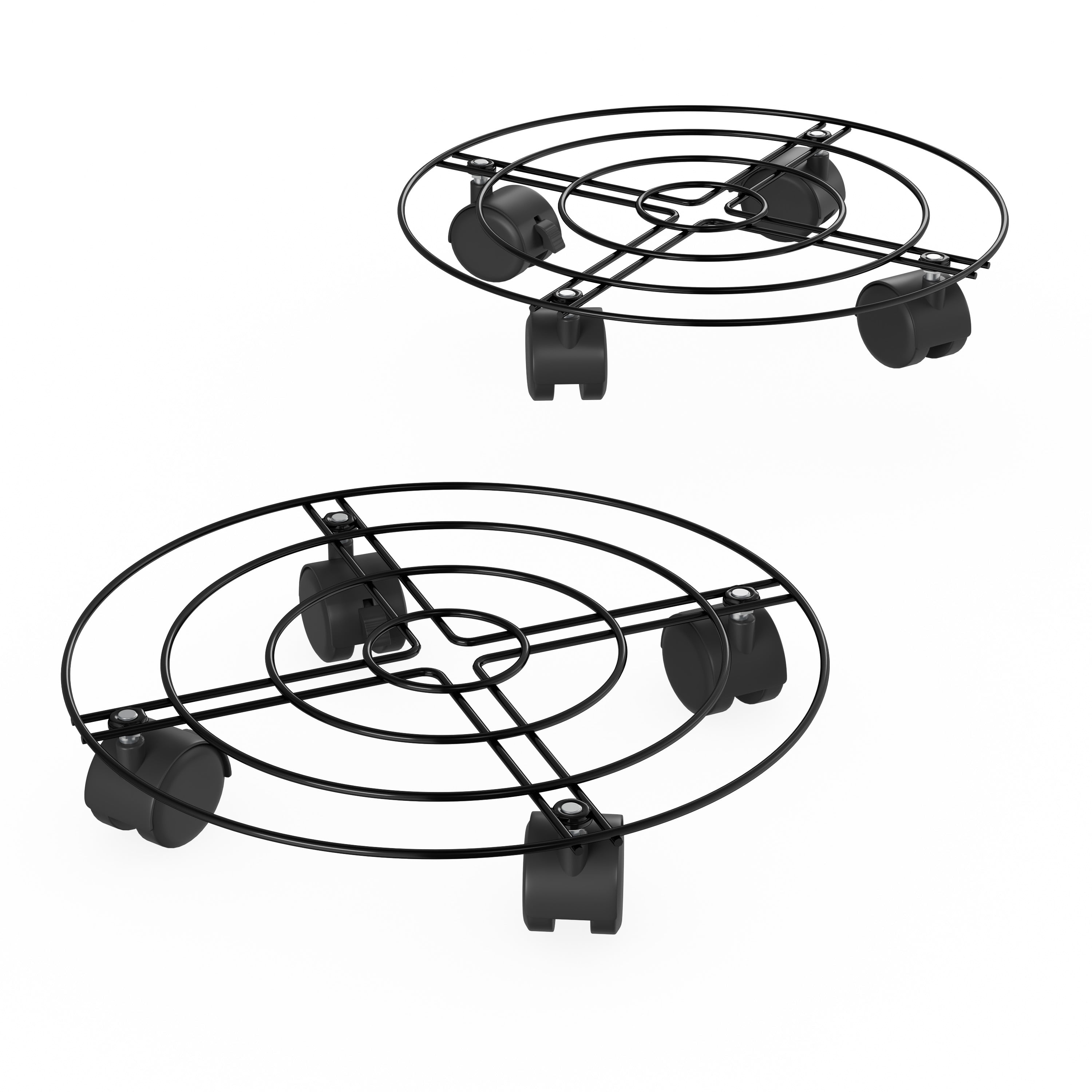 Set of 2 Black Metal 12" Round Plant Caddies with Wheels