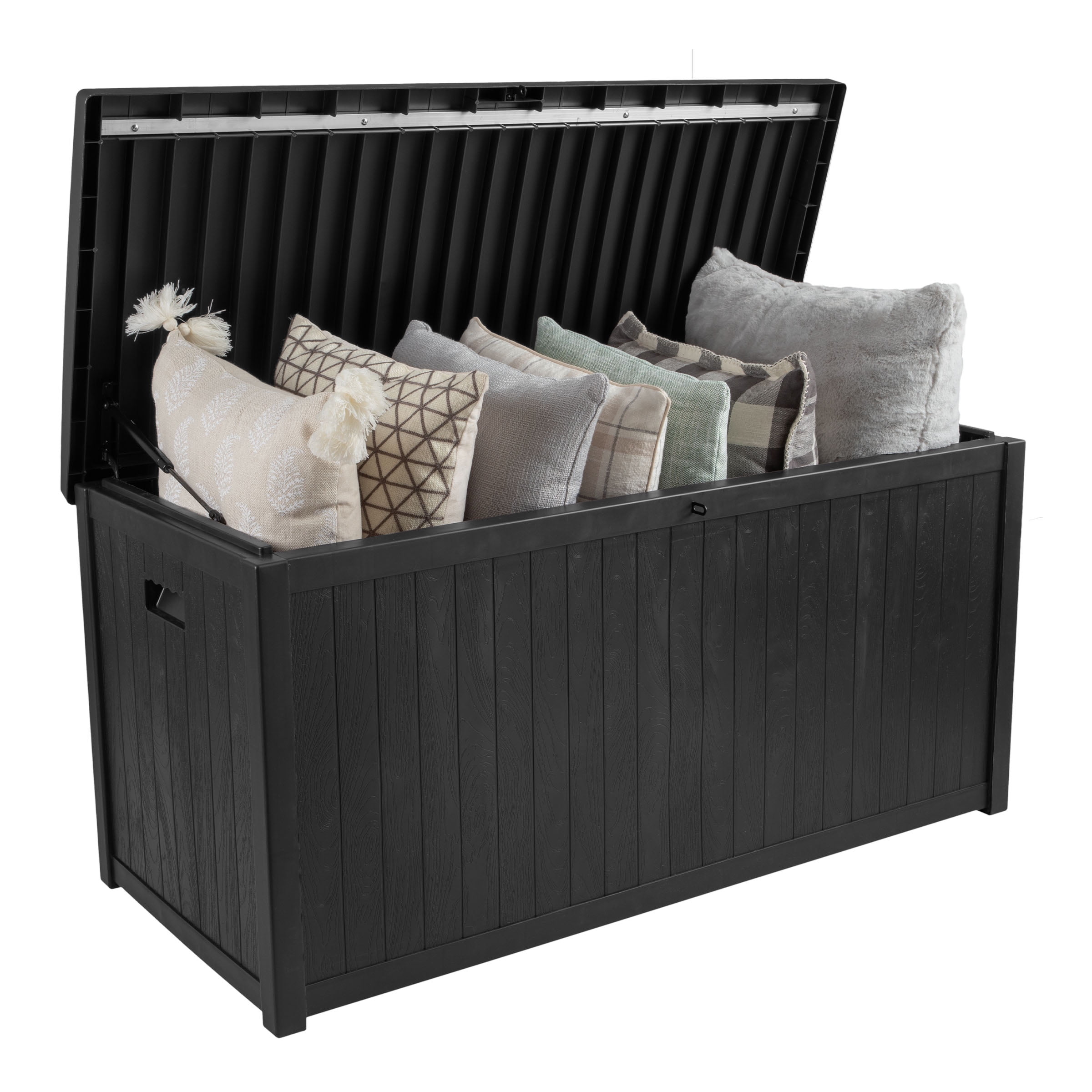 113 Gallon Black Faux Wood Lockable Deck Storage Box