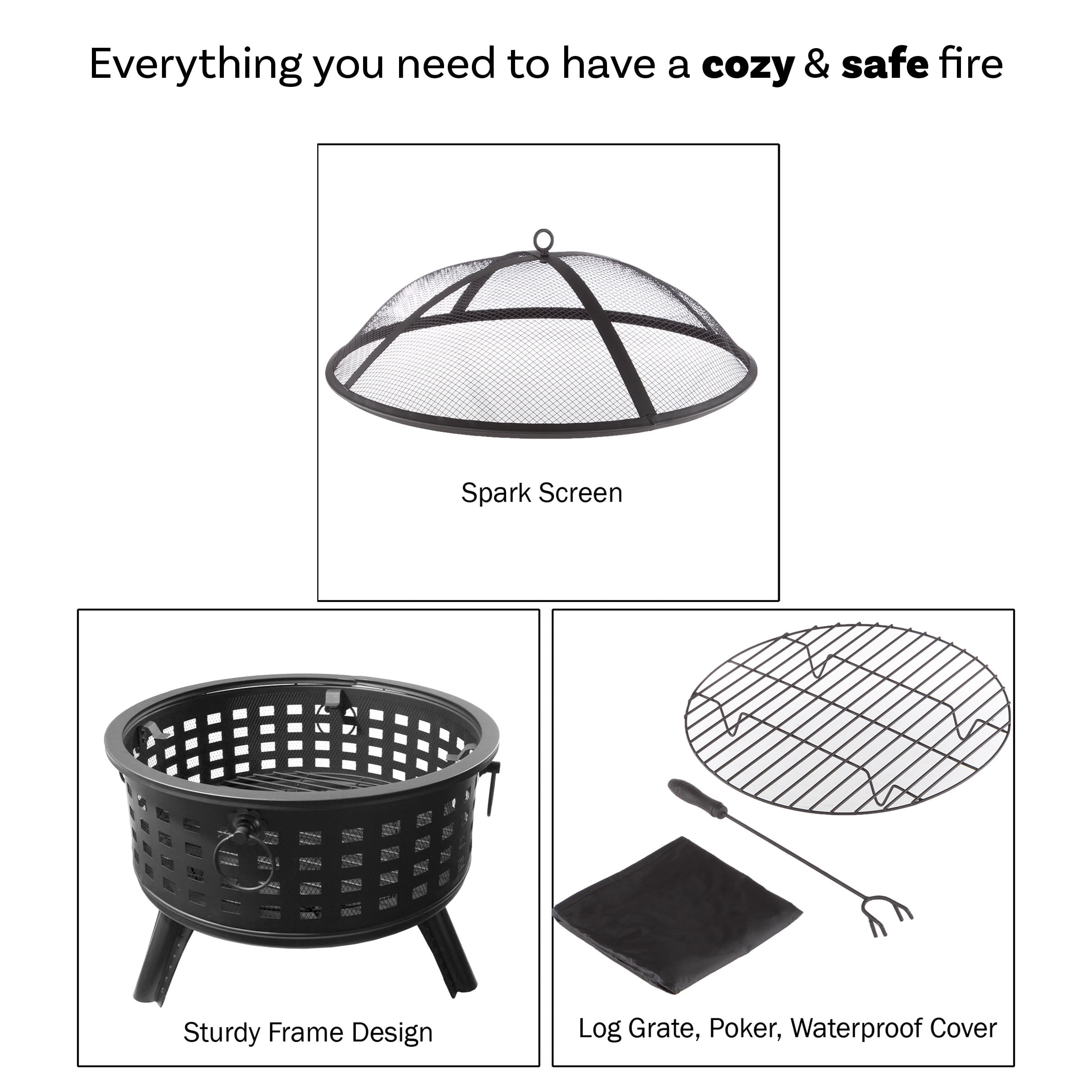 Black 26" Round Steel Wood Burning Fire Pit with Spark Screen