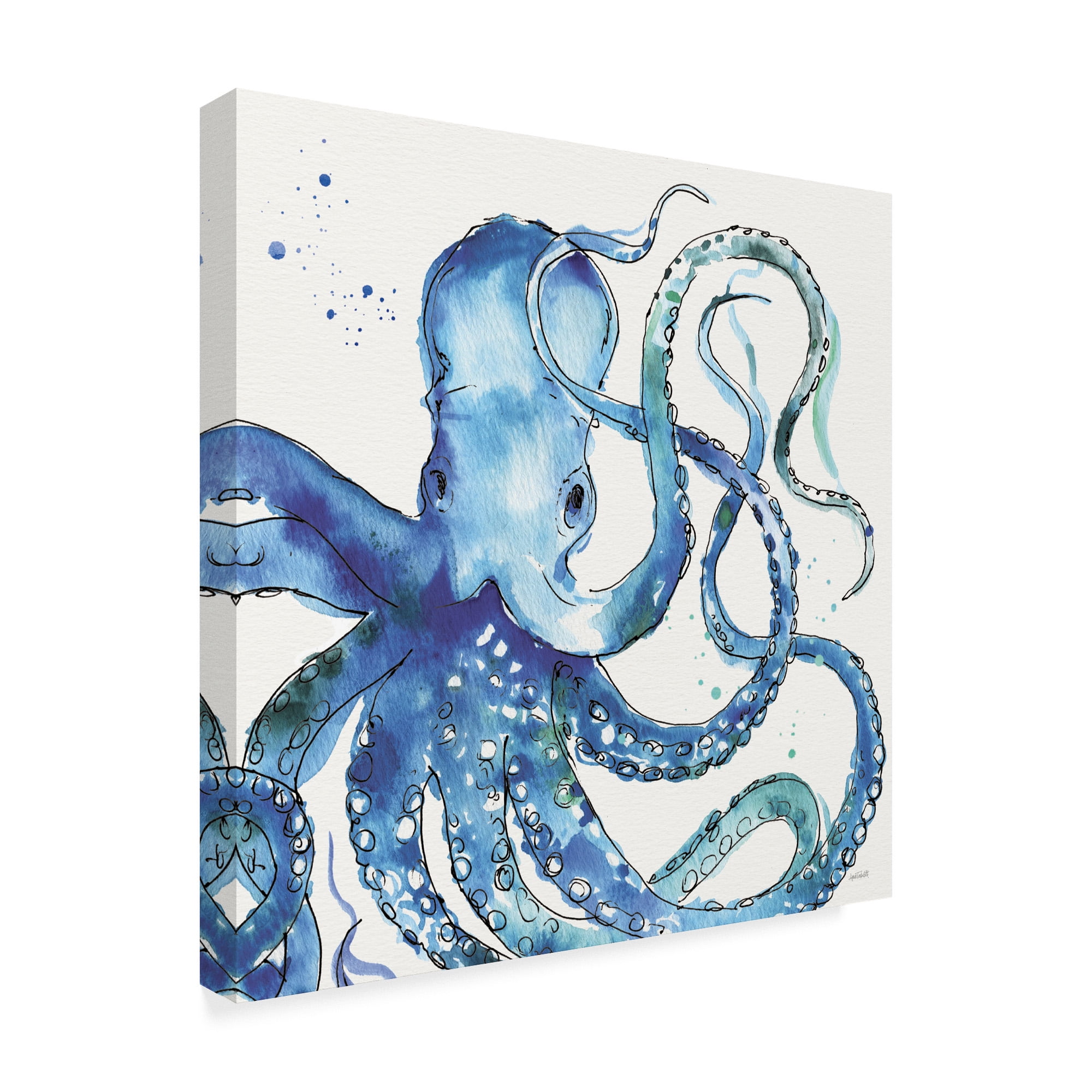 Anne Tavoletti Blue and Green Octopus Wrapped Canvas Art, 14'' x 14''