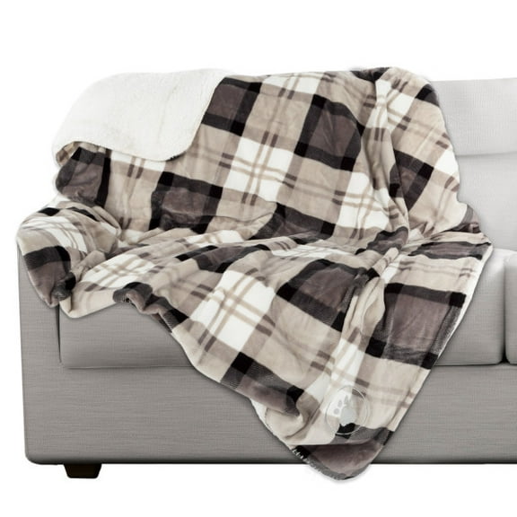 PETMAKER 50x60 Reversible Sherpa Fleece Waterproof Dog Blanket (Gray Plaid)