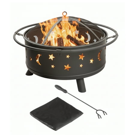 Pure Garden 32-Inch Outdoor Wood Burning Fire Pit with PVC Cover (Black)