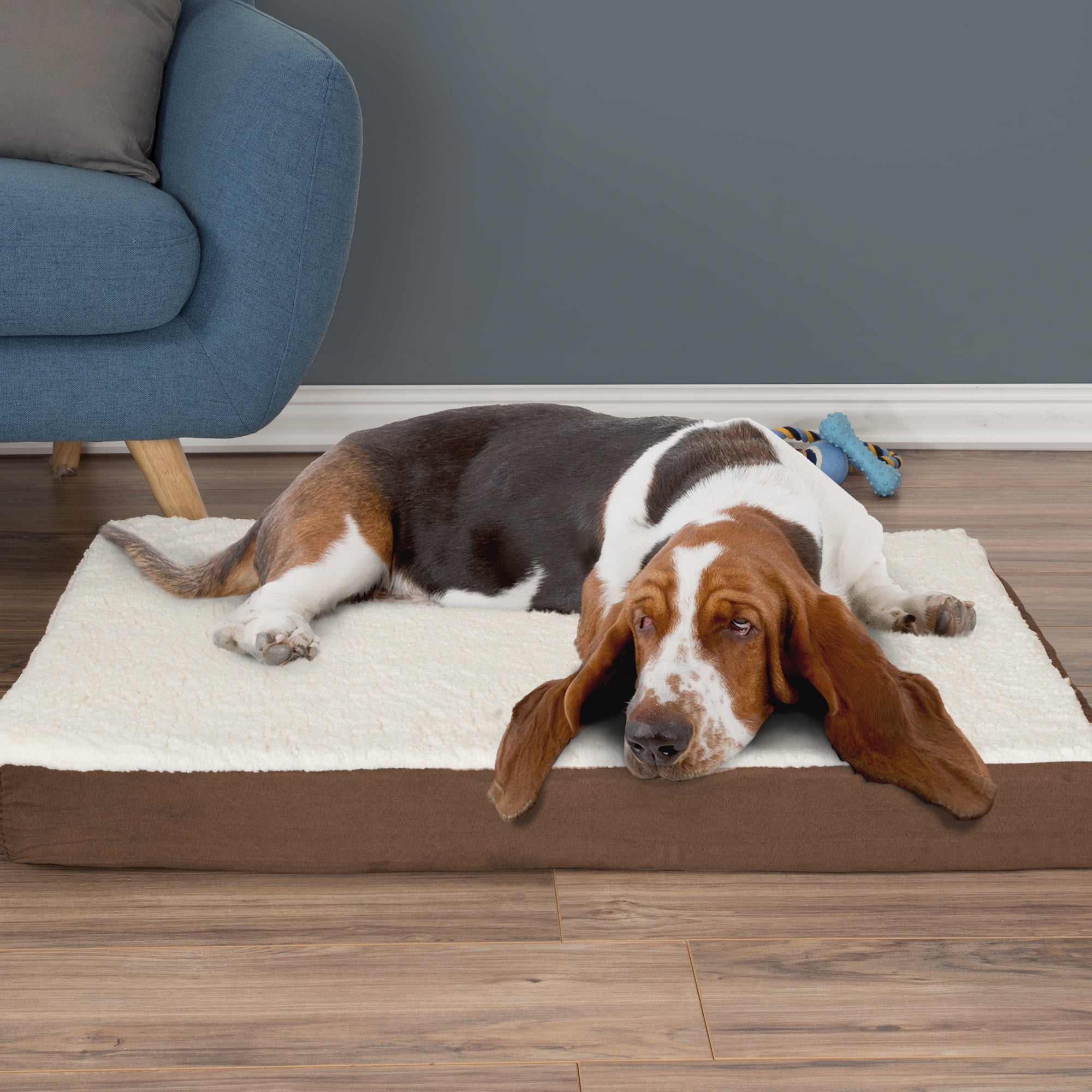 Dog Bed Orthopedic Sherpa Top Pet Bed with Memory Foam and Removable Cover 36x27x4 Brown