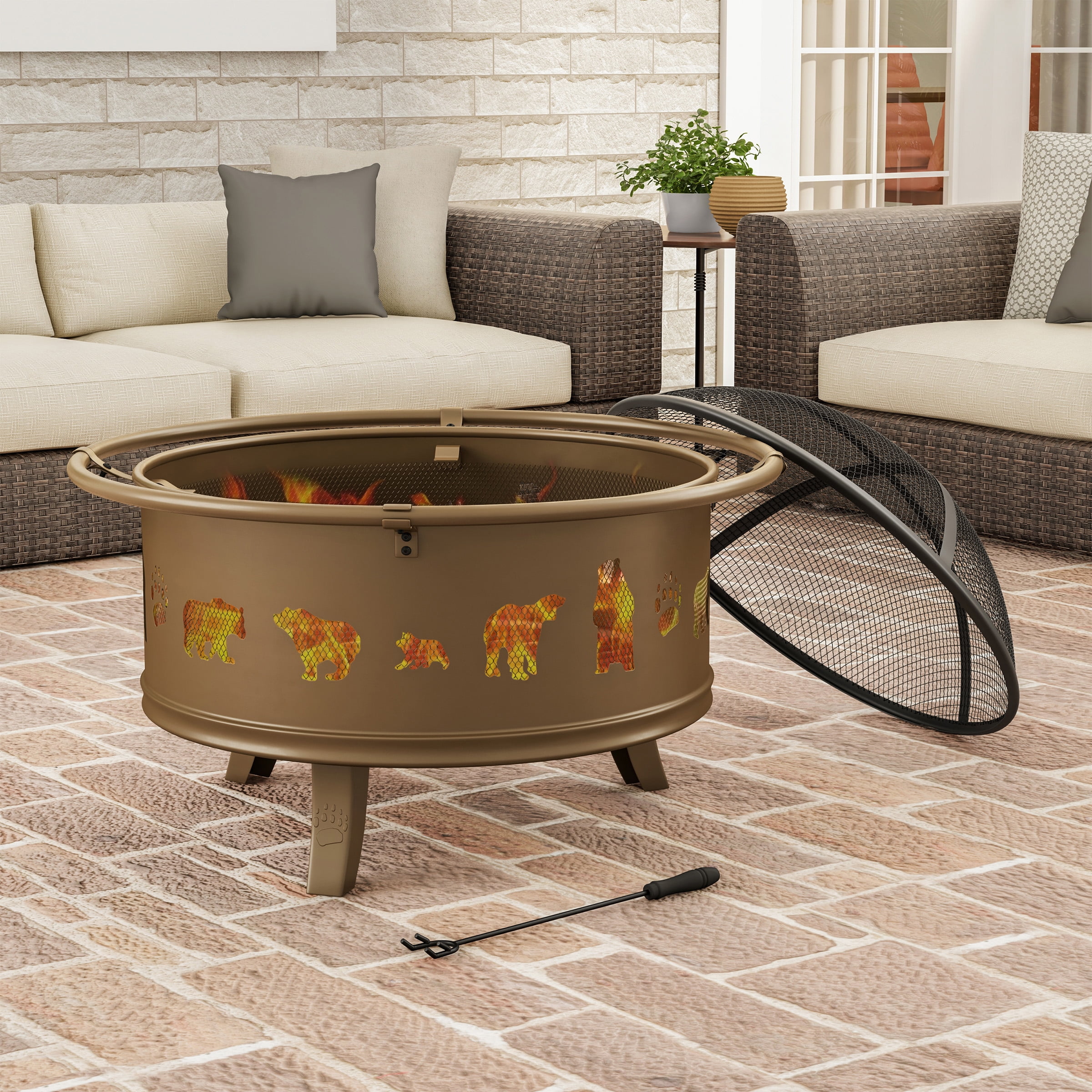 32-Inch Antique Gold Steel Wood Burning Fire Pit with Bear Cutouts