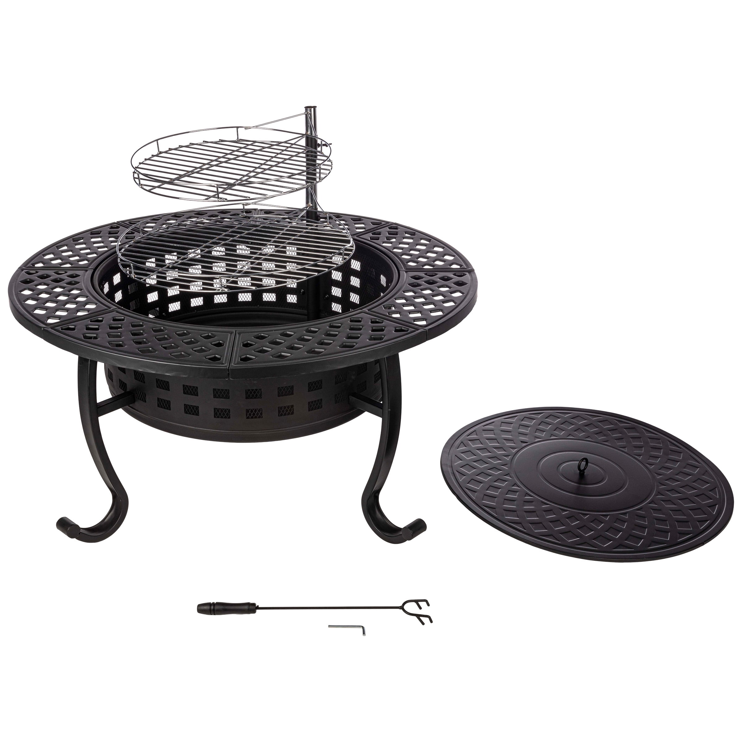 Pure Garden 37 Round Wood Burning Outdoor Fire Pit Table with 2 Grills
