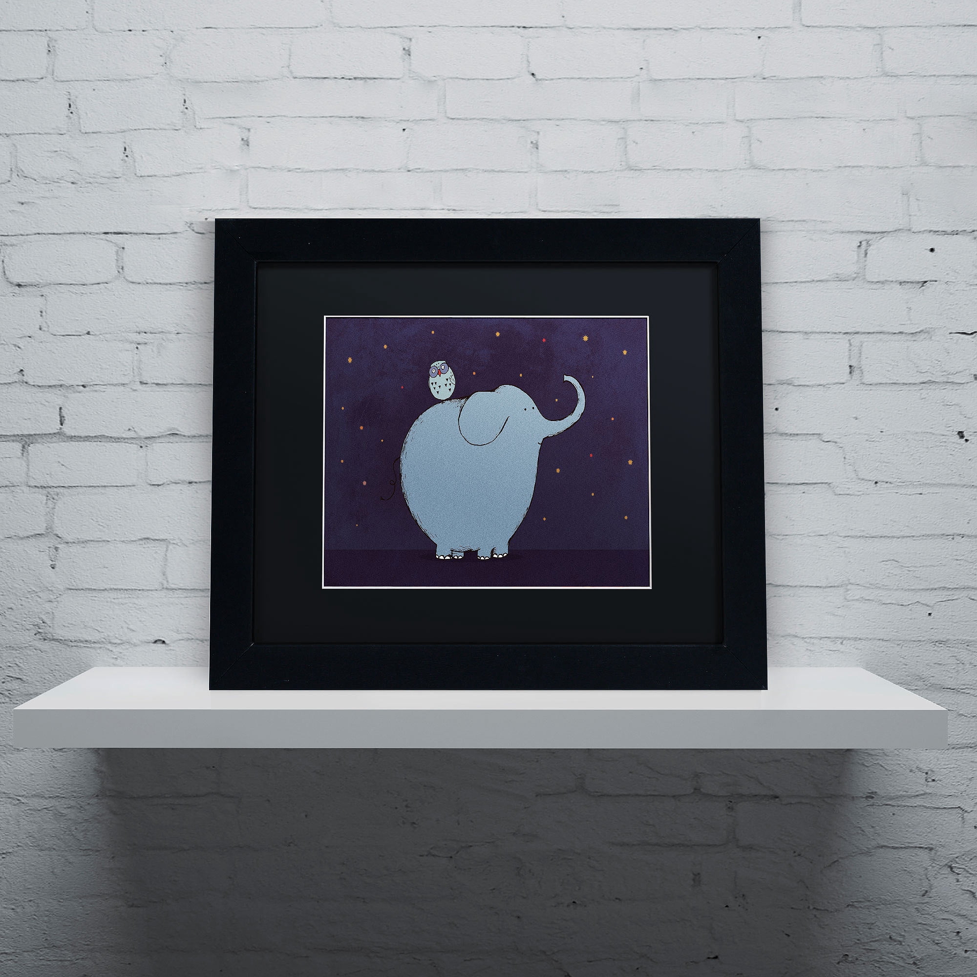 Carla Martell 'Owl and Elephant' Black Matted Framed Art