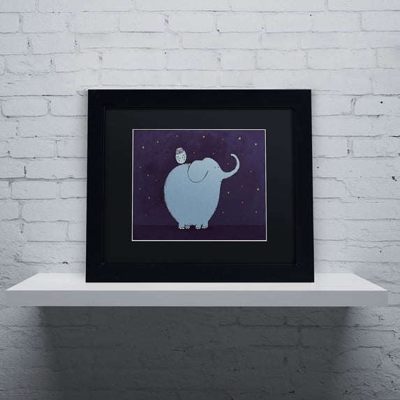 Carla Martell 'Owl and Elephant' Black Matted Framed Art