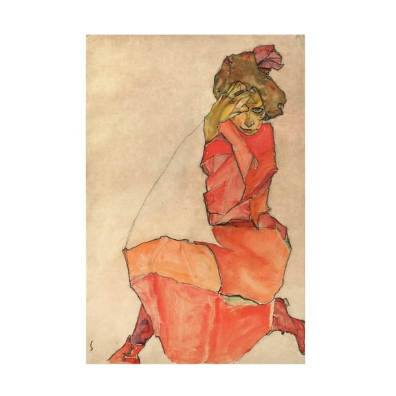 Egon Schiele 'Kneeling Woman In Orangered Dress' Canvas Art