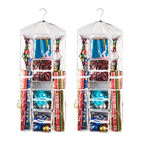 Wrapping Paper Storage Organizers- 2 Pack- Dual Sided Hanging Gift Wrap Station-Clear Compartments for 30 Rolls, Ribbon, Bows & Gift Bags by Elf Stor
