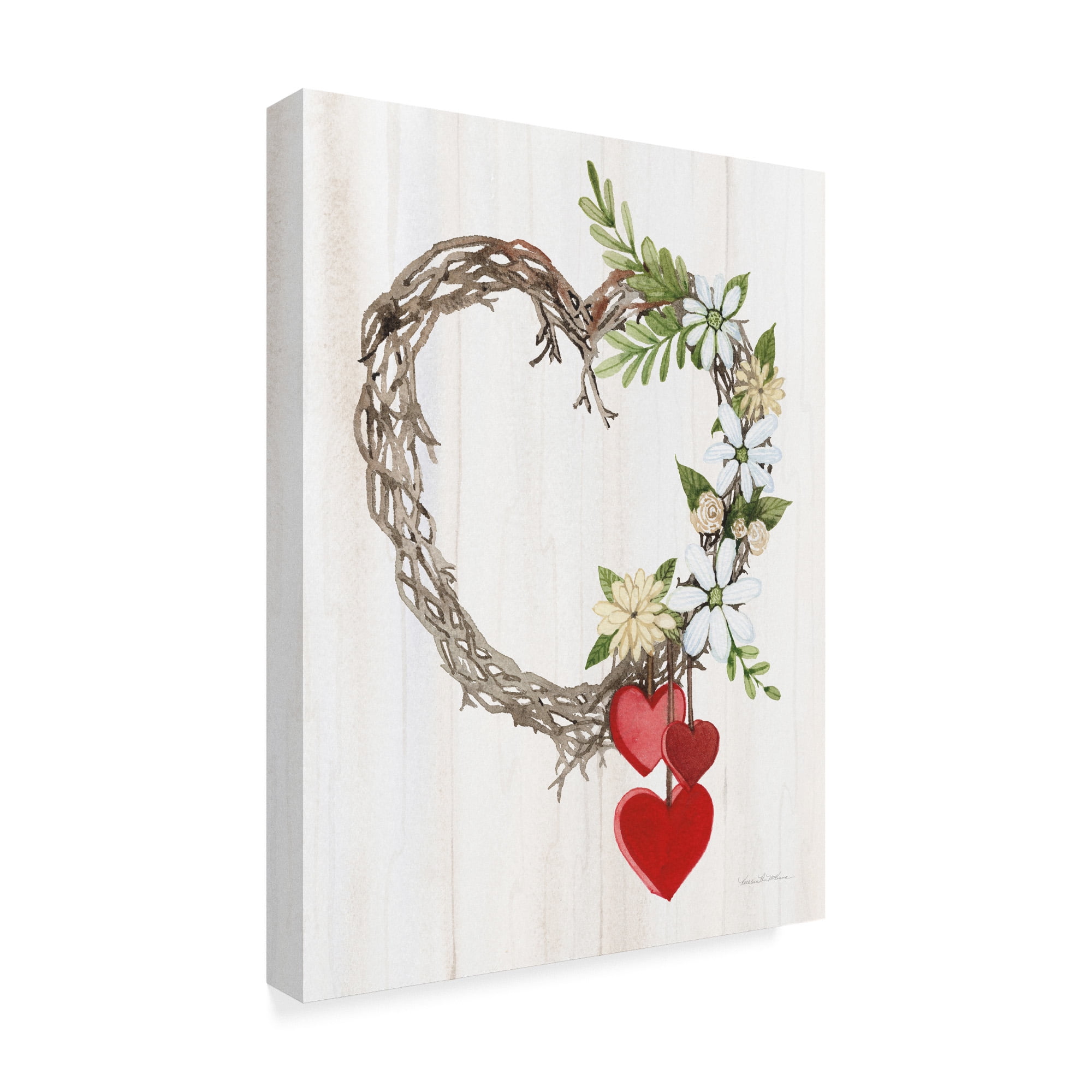 Rustic Heart Wreath Canvas Print with Red Hearts, 19" x 14"