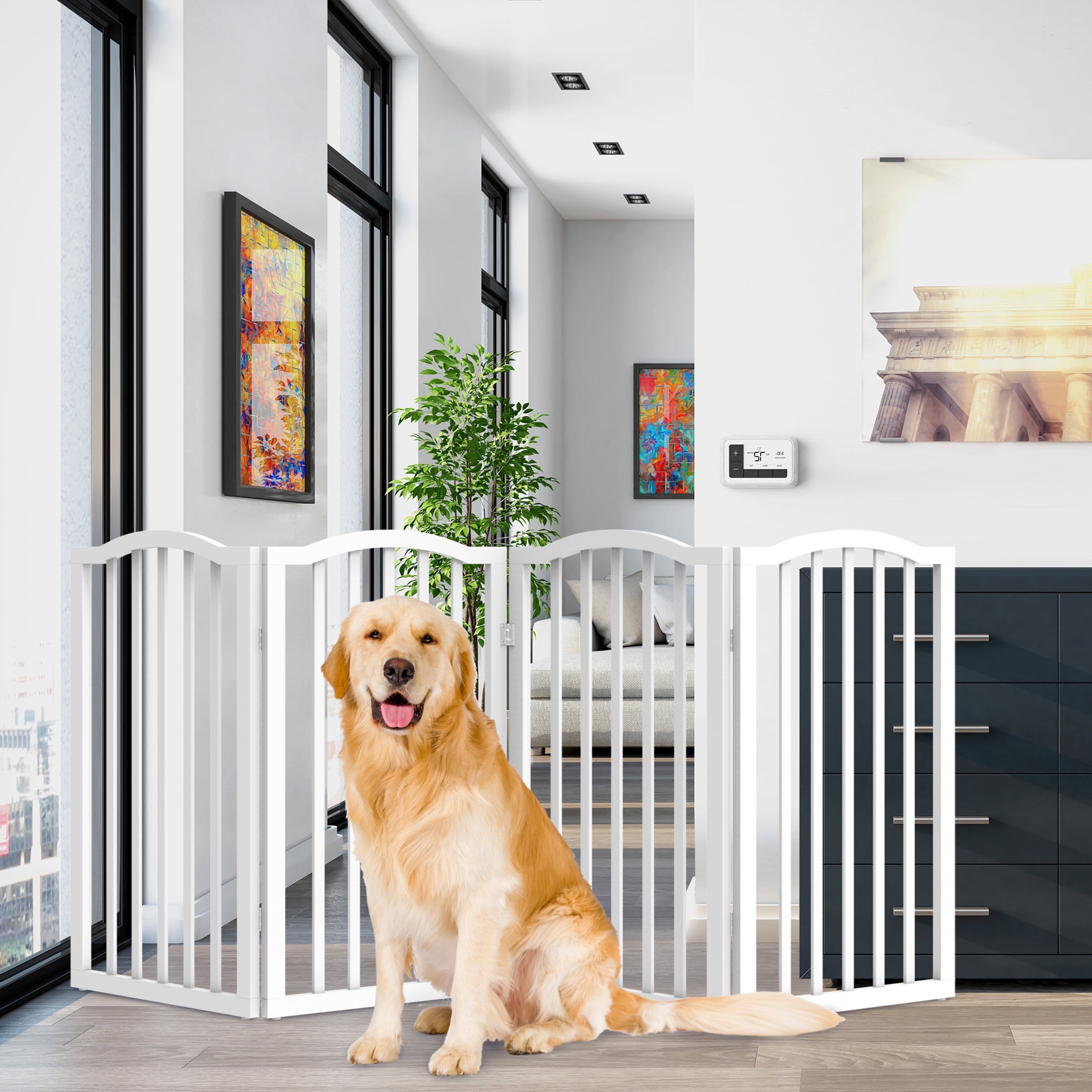 White 4-Panel Freestanding Metal Pet Gate for Stairs and Doorways
