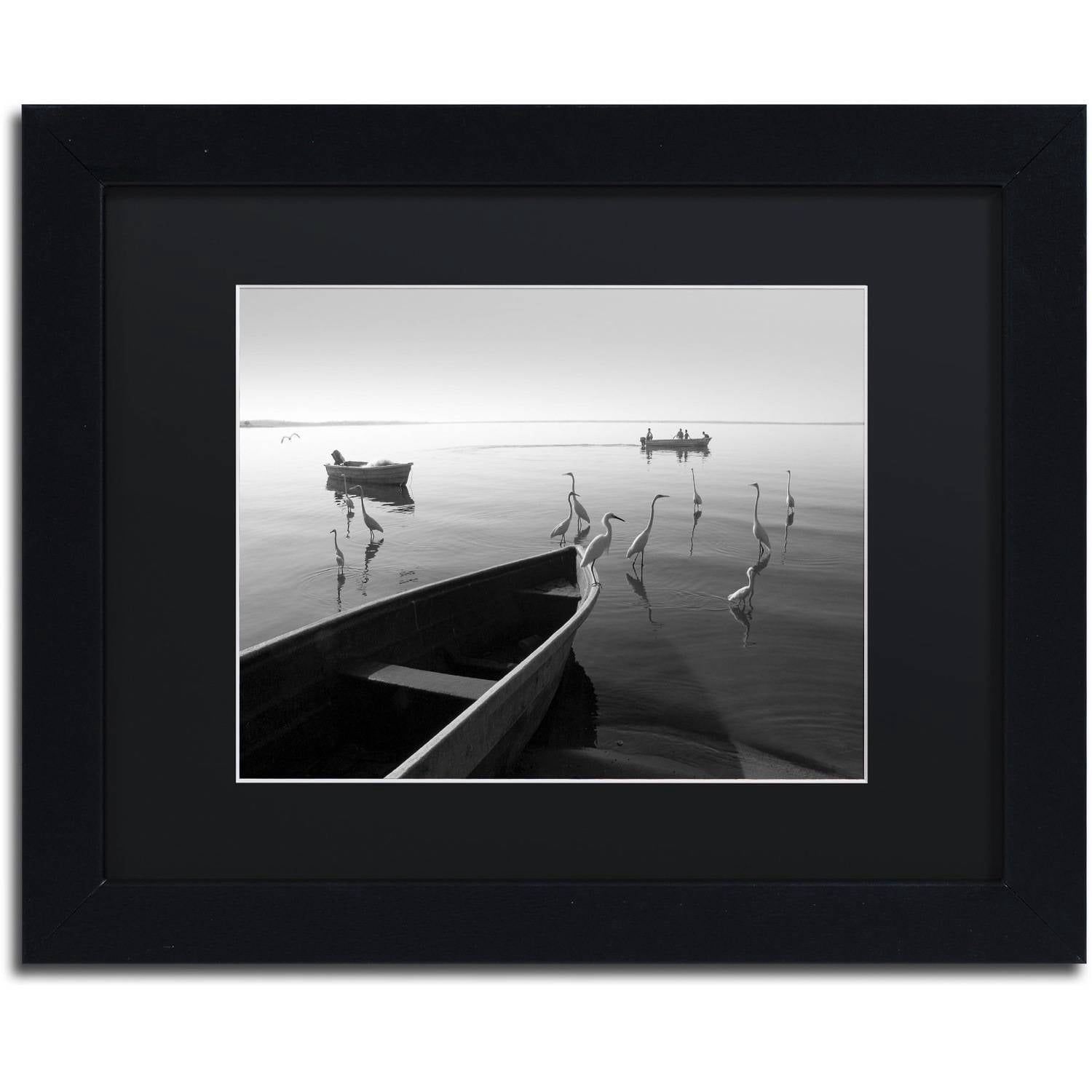 Moises Levy 'Herons and 3 Boats' Black Matted Framed Art