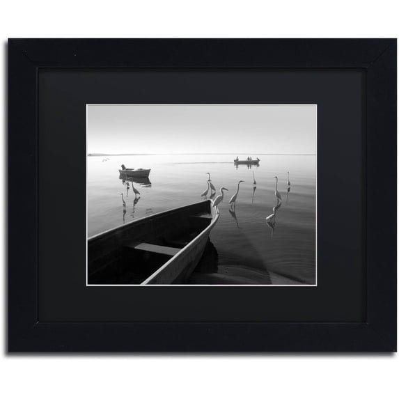 Moises Levy 'Herons and 3 Boats' Black Matted Framed Art