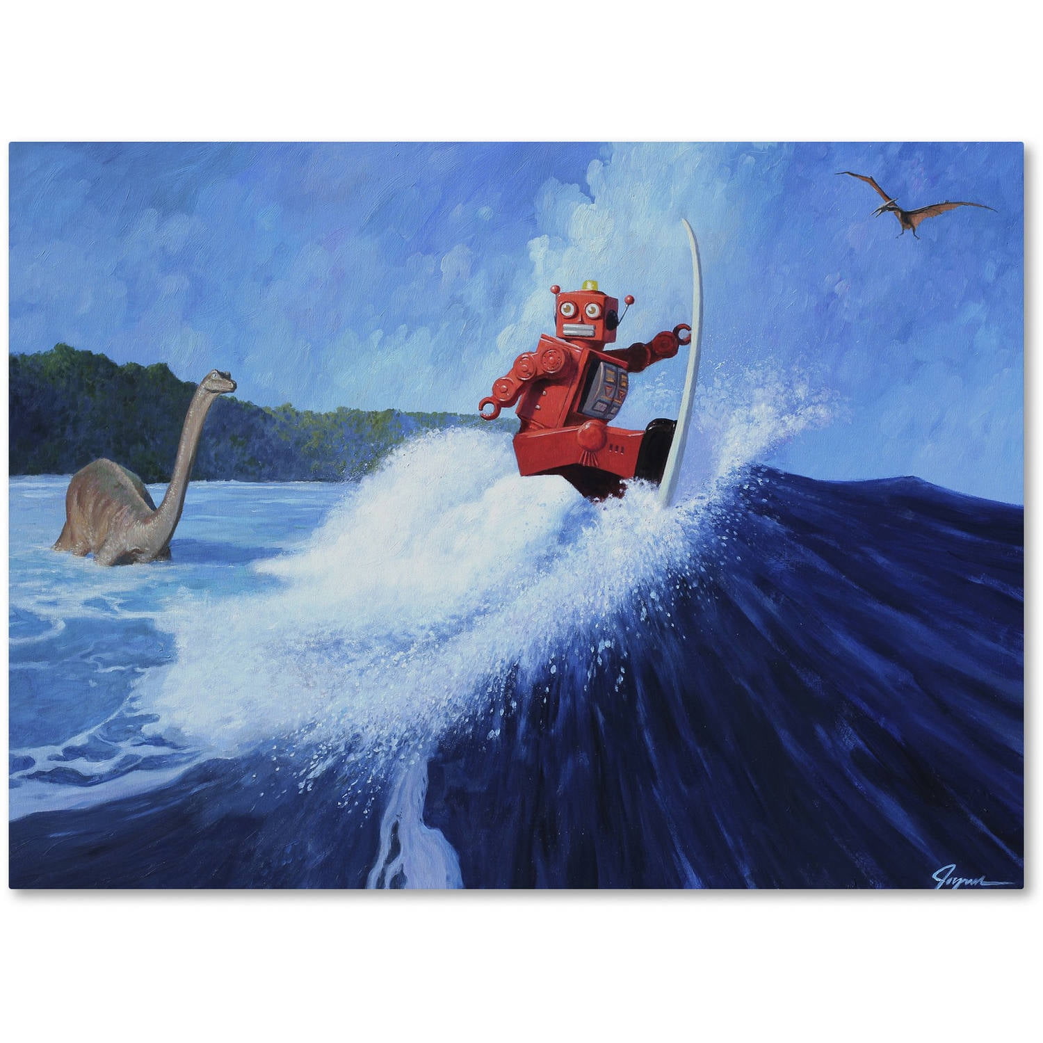 Eric Joyner 'Surfs Up' Sci-Fi Robot Canvas Art in Blue Frame