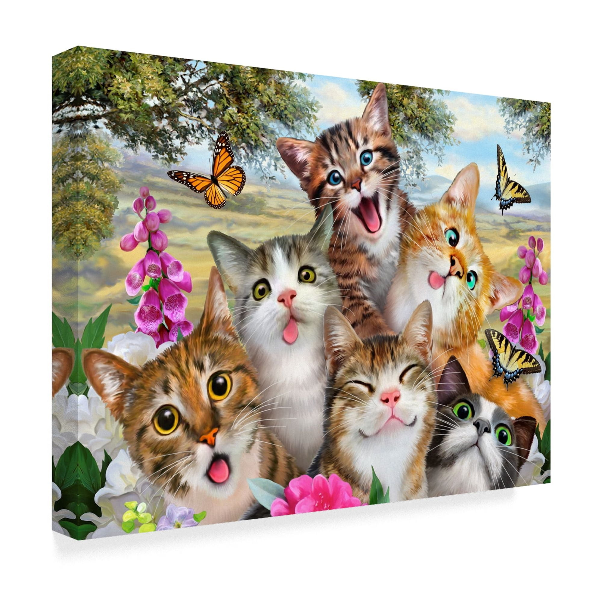 Goofy Kittens Canvas Art with Pink Flowers