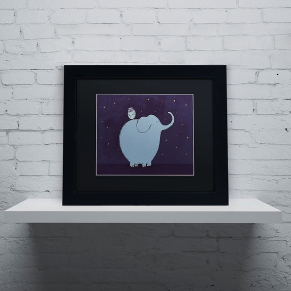 Carla Martell 'Owl and Elephant' Black Matted Framed Art