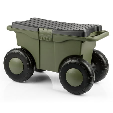 Pure Garden Rolling Garden Cart with Seat - Storage with Tool Tray (Green)