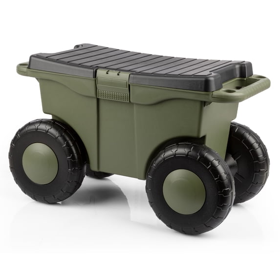 Pure Garden Rolling Garden Cart with Seat - Storage with Tool Tray (Green)