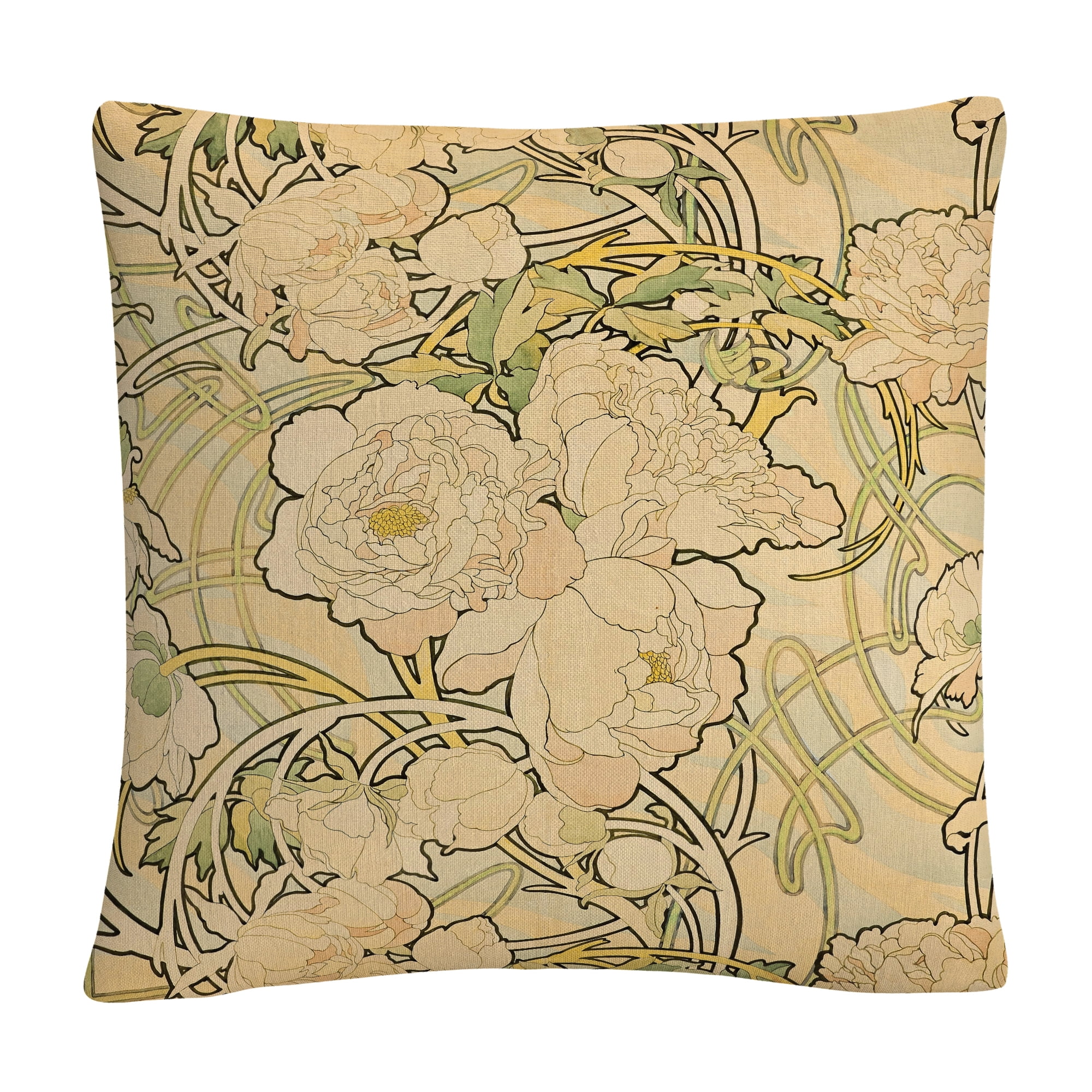 Alphonse Mucha 'Peonies' 16 X 16 Decorative Throw Pillow