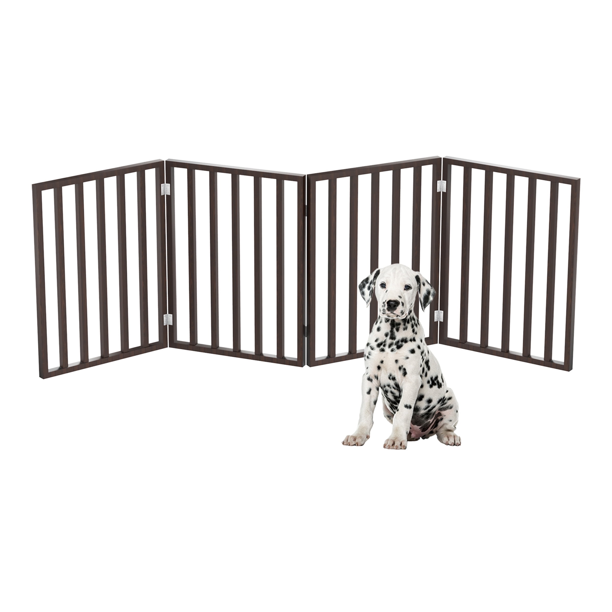Brown 4-Panel Freestanding Retractable Pet Gate with Metal Hinges