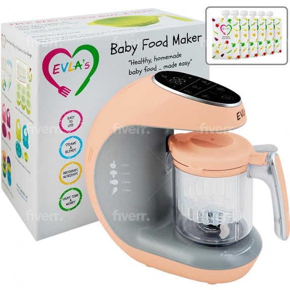 EVLA’s Baby Food Maker with Touch Screen and 6 Reusable Pouches, Peach