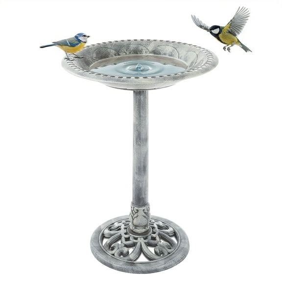 Pure Garden Antique Bird Bath – 28.75” Weather-Resistant Pedestal Bowl with Stakes, Antique Gray