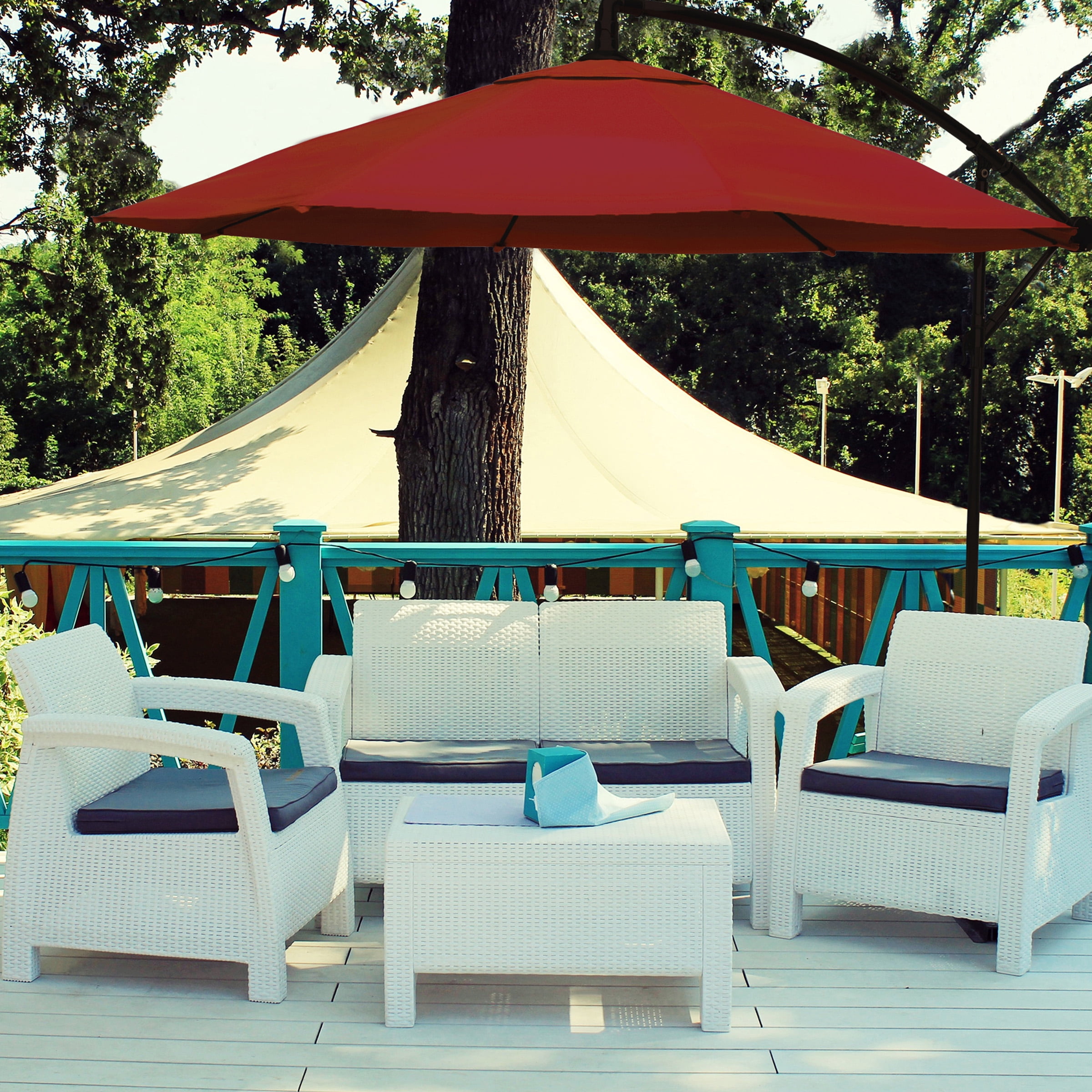 Pure Garden 10-Foot Offset Patio Umbrella with Easy Crank and Base (Red)