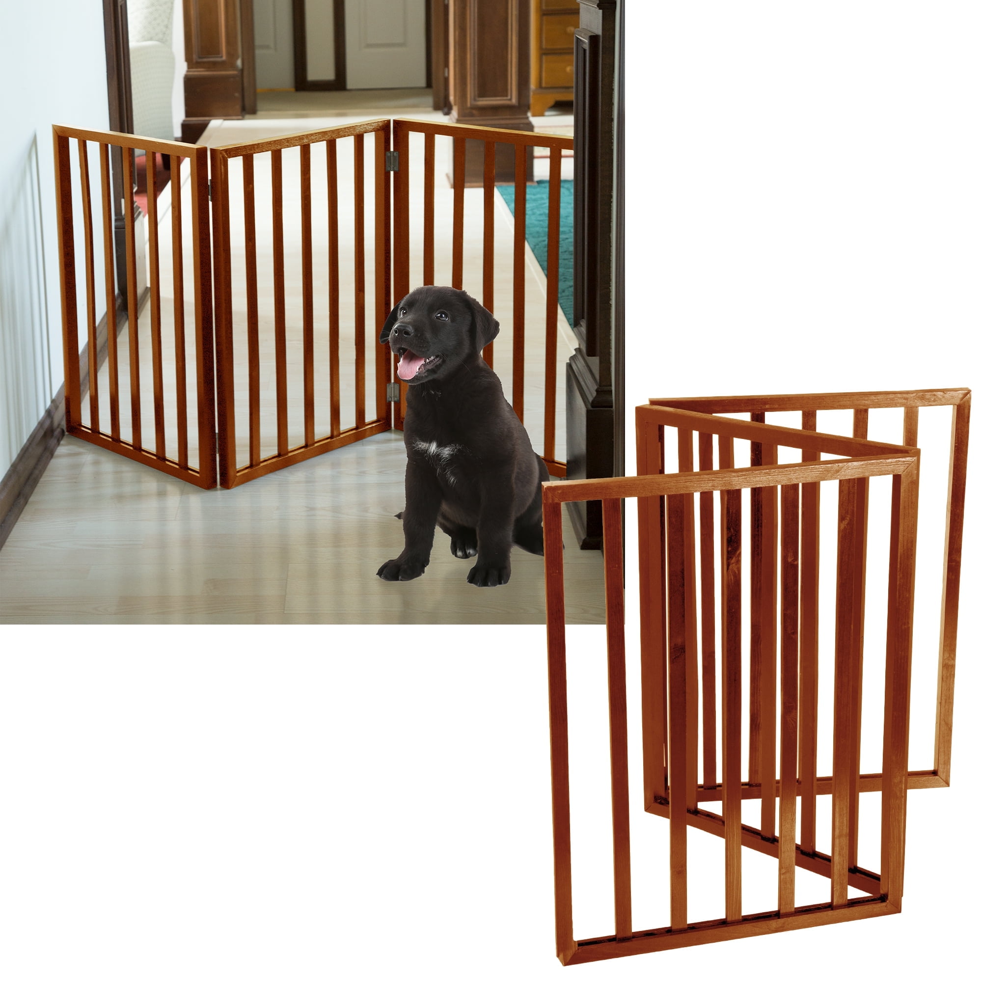 Mahogany Freestanding Foldable Metal and Plastic Pet Gate