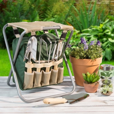 Pure Garden All-In-One Garden Tool Set, Stool, and Carry Bag