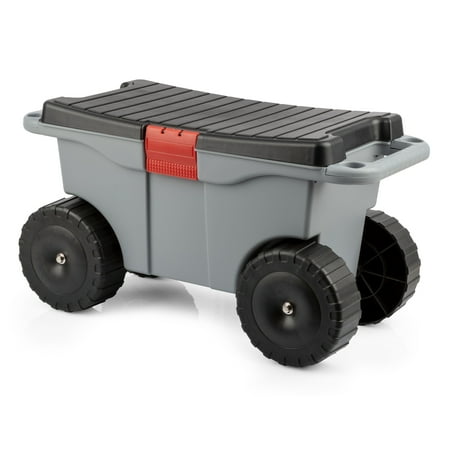 Pure Garden Rolling Garden Cart with Seat - Storage with Tool Tray (Gray)