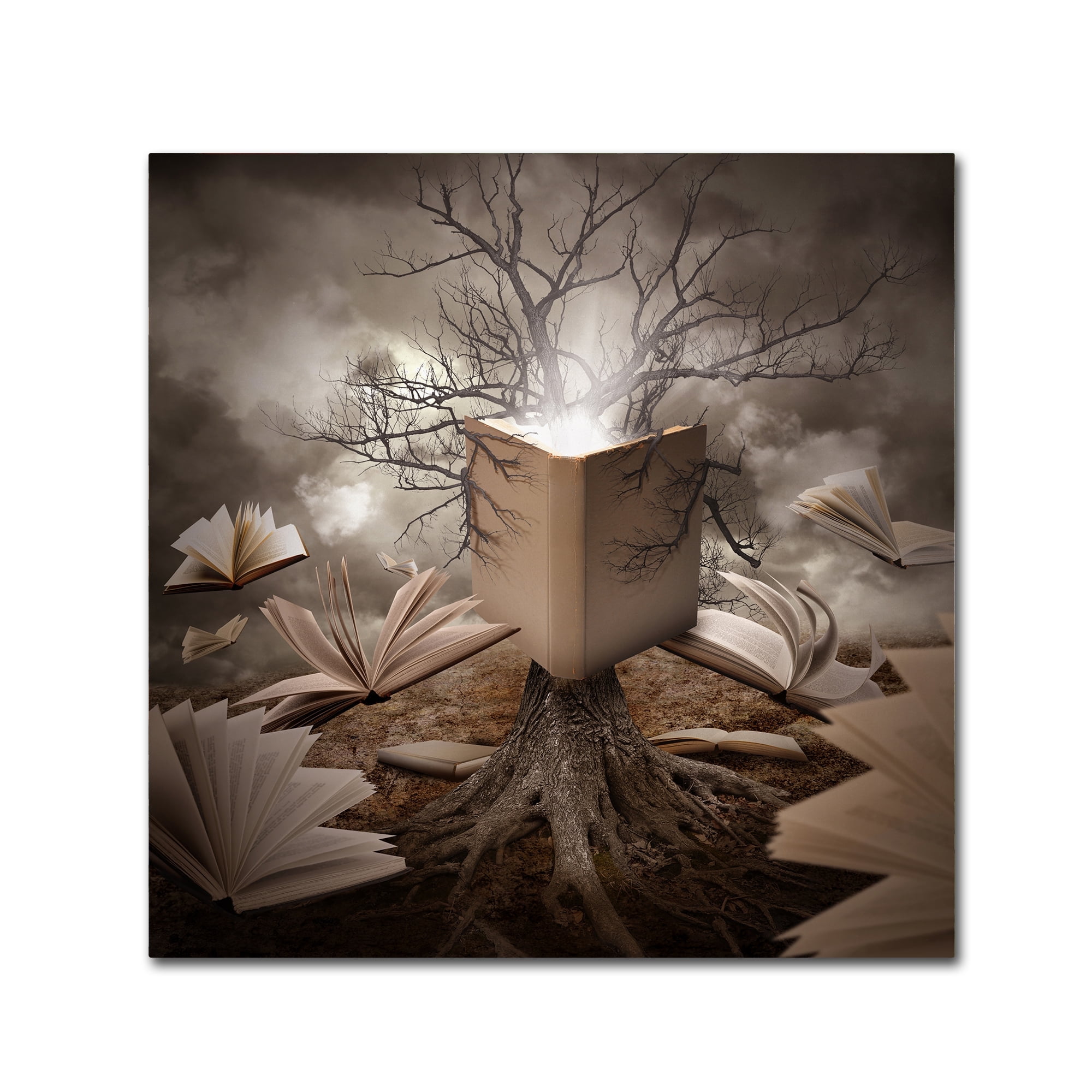 Mystical Tree with Open Books Framed Canvas Art, 14 x 14