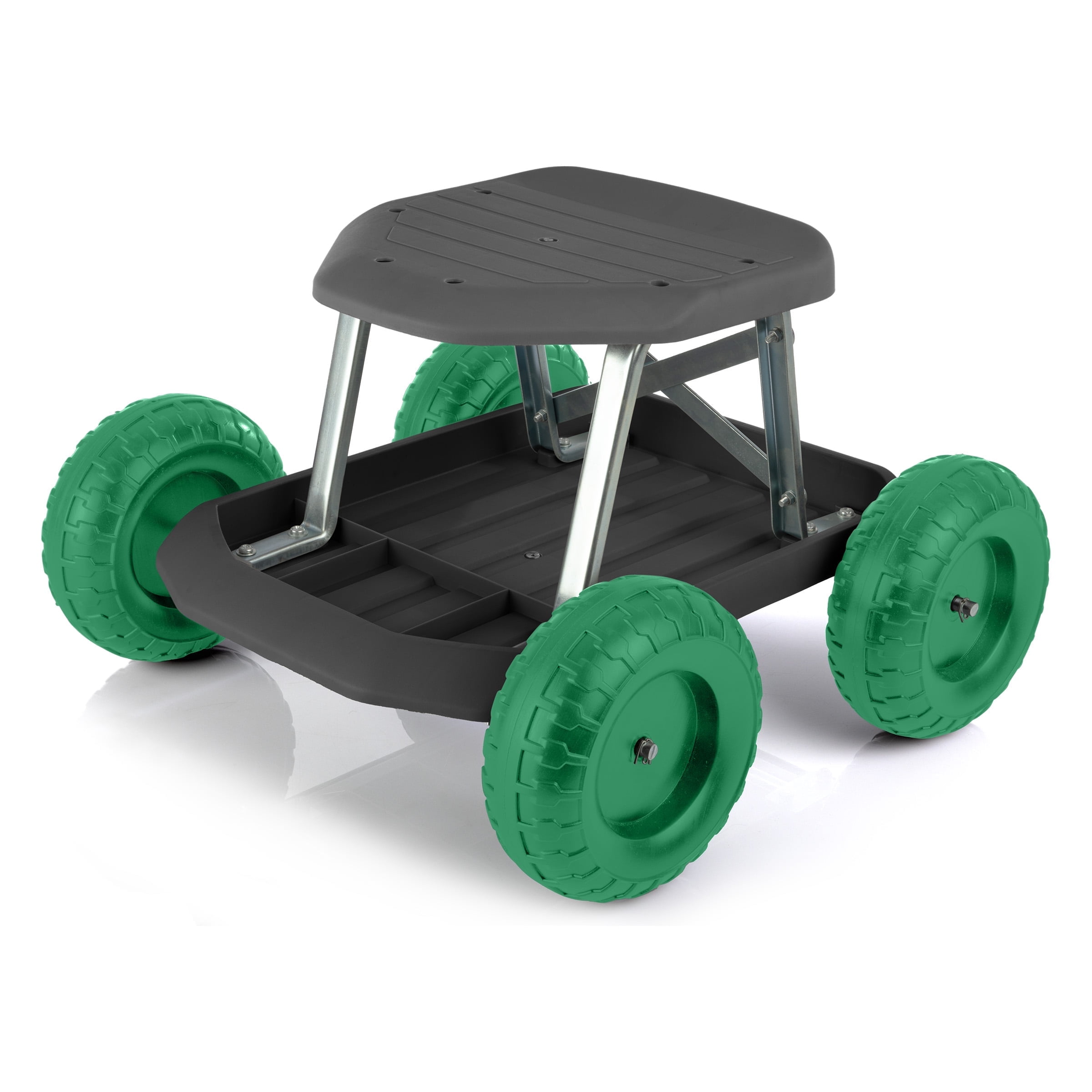 Pure Garden Black and Green Plastic Rolling Garden Stool with Tool Tray