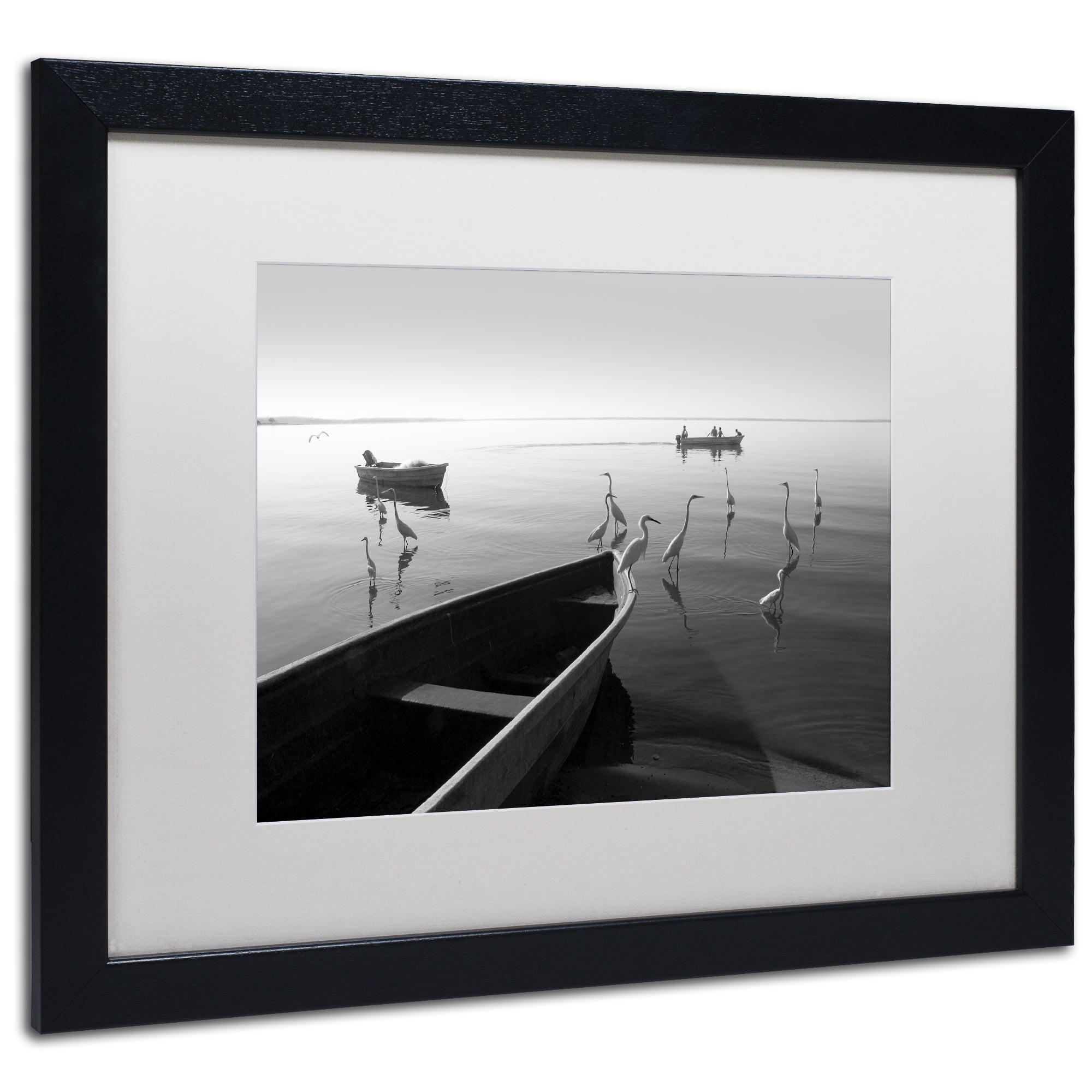 Trademark Fine Art "Herons and 3 Boats" Canvas Art by Moises Levy White Matte, Black Frame