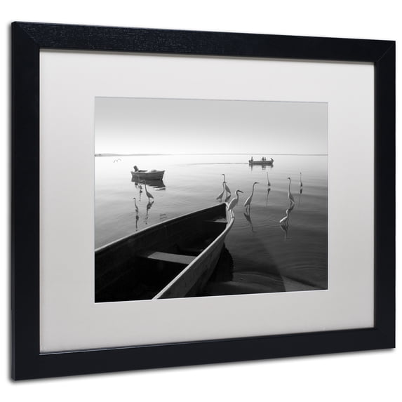 Trademark Fine Art "Herons and 3 Boats" Canvas Art by Moises Levy White Matte, Black Frame